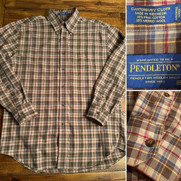 Pendleton Mens Canterbury Plaid Long Sl Button Shirt Pima Ctn Wool Bl MEDIUM - Picture 1 of 8